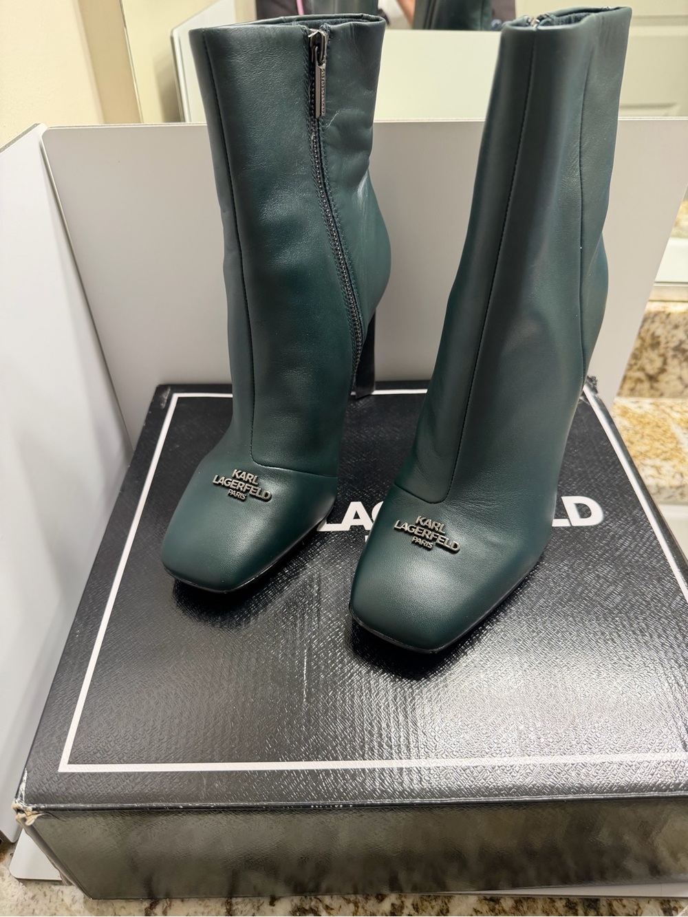 NIB- Karl Lagerfeld Forest Green Leather Mid-Calf Heeled Boots- Size 8 Medium